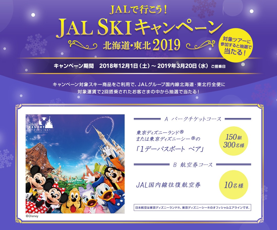 東京ディズニーリゾートのパークチケットが当たる Jal Skiキャンペーン 北海道 東北19 自称 為になること
